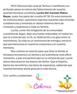 Lee más sobre el artículo Fallecimiento de nuestra hermana Lucila Del Carmen Matus Reyes