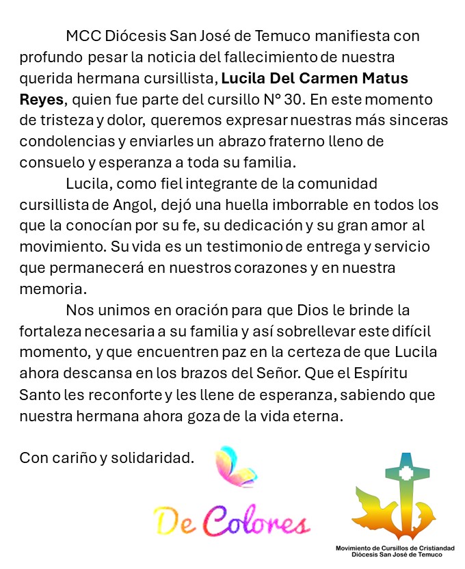 Lee más sobre el artículo Fallecimiento de nuestra hermana Lucila Del Carmen Matus Reyes