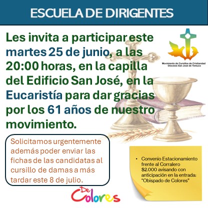 Lee más sobre el artículo Escuela de Dirigentes – Invitación a Eucaristia Aniversario 61 años MCC